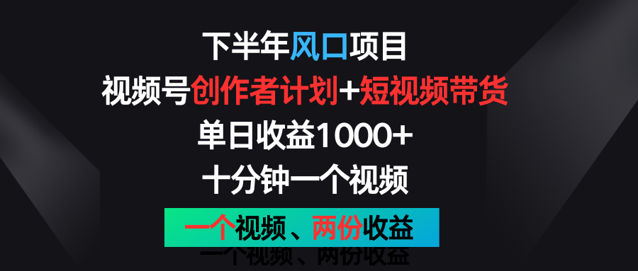 下半年风口项目，视频号创作者计划+视频带货，单日收益1000+，一个视频两份收益-花生资源网